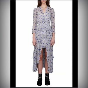 Maje Blue and Black Floral High Low Dress Size 42